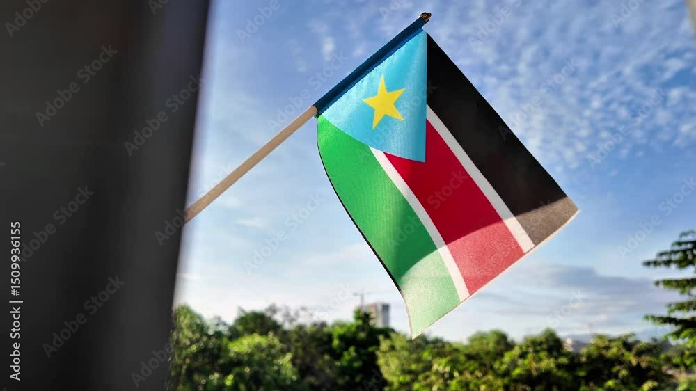 Sudan flag waving in the blue sky background 