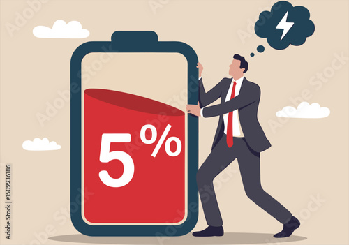 Businessman pushing low battery icon with 5 percent charge thinking about energy shortage concept vector illustration