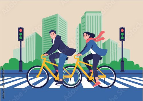 Happy young man and woman riding bicycles across pedestrian crosswalk in city with green traffic lights vector illustration