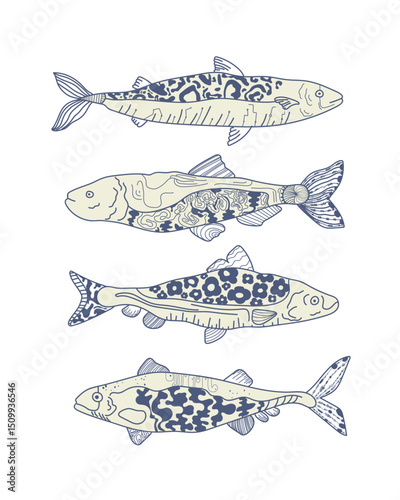 Fish. Hand-drawn fantasy fish with ethnic doodle pattern. Vector illustration, isolated on a white background. 
