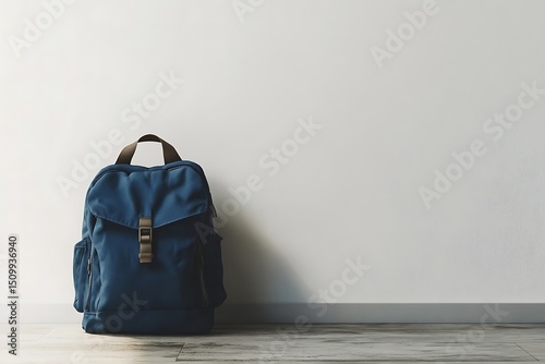 Blue backpack leaning against a white wall on a wooden floor, creating a simple and modern indoor scene with copy space