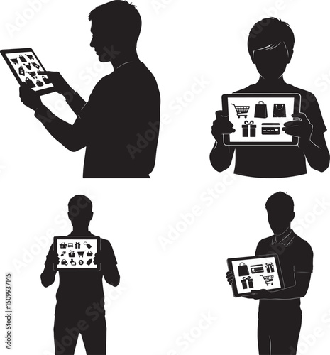 Vector Silhouettes of Individuals Using Tablets for Shopping, Mobile Commerce with Tablet Devices Illustration