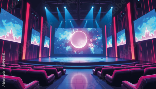 Futuristic metaverse theater stage with digital elements, immersive design