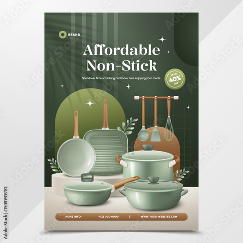 Non Stick Kitchen Utensils Realistic Poster