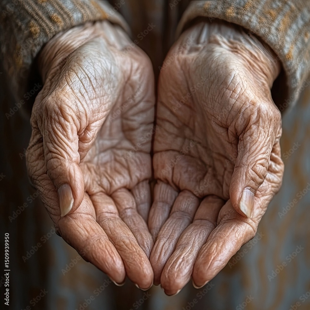 Fototapeta premium Detailed close-up of backs of hands with wrinkles showing aging skin, natural lines, and texture variation ideal for age representation, dermatology visuals, and skincare themes --raw --stylize 250