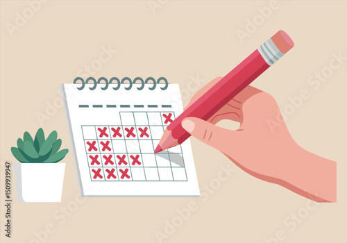 Hand marking calendar with red pencil tracking progress or deadlines and green potted plant vector illustration
