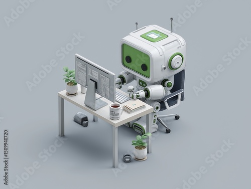 A charming, isometric cube robot character at a desk with multiple monitors, representing efficient and modern technology at work