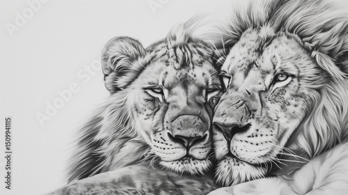 Black and white illustration of two lions cuddling with affectionate expression, pencil drawing style on white background