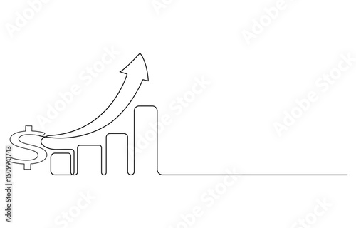 increasing up arrow bar graph sign Business financial analytics and sales growth one Continuous line drawing