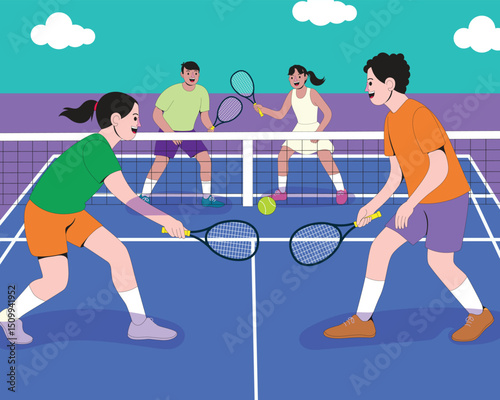 Vibrant flat style cartoon of four players playing pickleball on green court. Depicts movement, energy, and outdoor activity in a healthy lifestyle and teamwork setting.