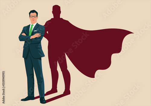Confident businessman with superhero cape shadow standing proud leadership empowerment vector illustration
