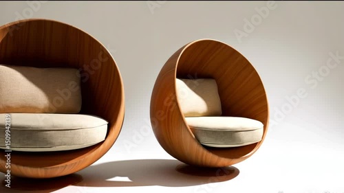 Two wooden half-sphere chairs with beige cushions on a light background