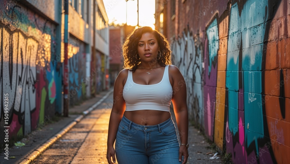 Naklejka premium Plus-size woman in alley with graffiti, body confident, urban scene, street style 