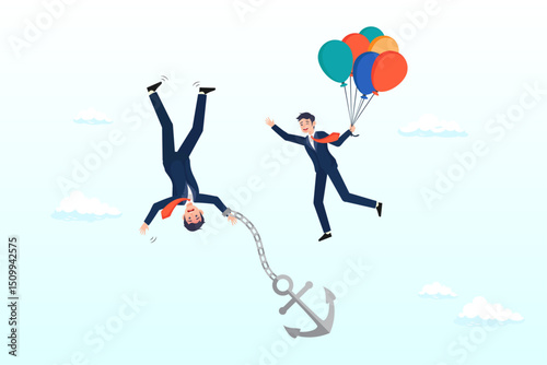 Businessman holding balloon rising up compare to other falling down with anchor, business ranking up or down, situation for success and failure, growth or losing comparison, risk or challenge concept
