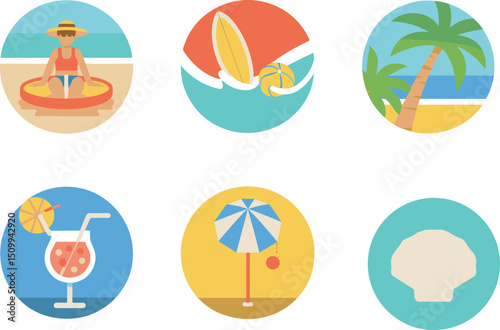 Flat beach icons with summer elements including sunbathing, surfing, palm trees, cocktail, beach umbrella, seashell, ocean vacation objects in minimalist circular design illustrations
