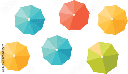 Top view of colorful beach umbrellas in flat design style for summer vacation, tropical holiday themes, outdoor relaxation, travel and resort illustrationsb