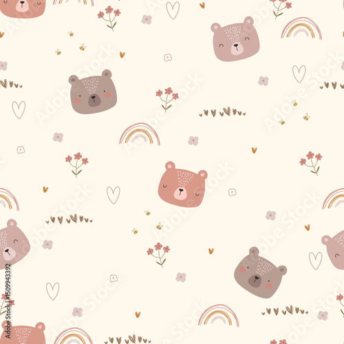 Hand drawn bears, rainbows, flowers and hearts. Vector illustration with cute cartoon animals.