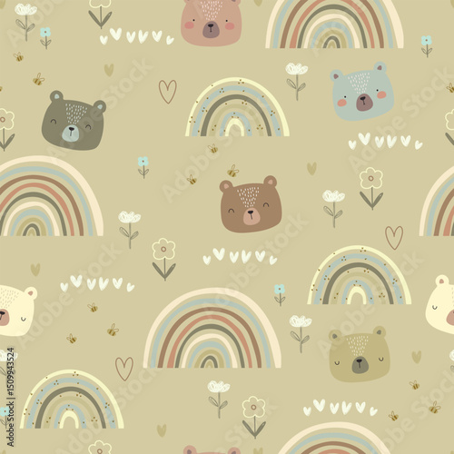 Seamless pattern wit bears, flowers and rainbows. Vector illustration with cute animals. 