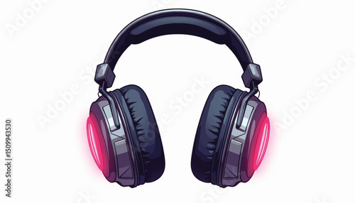 Modern futuristic headphones with neon accents on white background, silent party concept