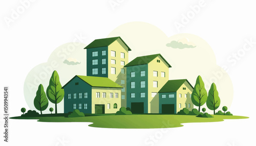 Eco-friendly buildings in green spaces, sustainable architecture design