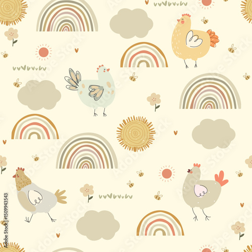 Seamless hand drawn pattern with chicken, small chiks, clouds, rainbows and hearts. Vector illustration with cute farm animals and plants	

