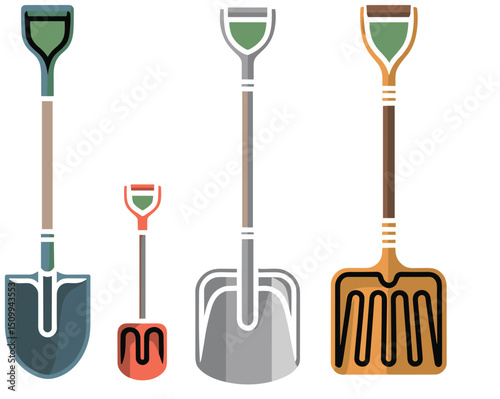 Set of Colorful Garden and Snow Shovels in Flat Vector Style – Outdoor Tools for Digging, Scooping, and Yard Work – Gardening Equipment Illustration