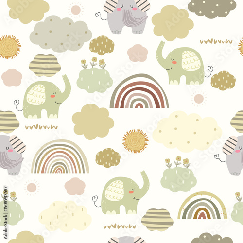 Seamless pattern with cute hand drawn elephants, rainbows, clouds and sun. Vector illustration with animals and cartoon nature.