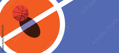 Basketball ball standing on white line on blue background