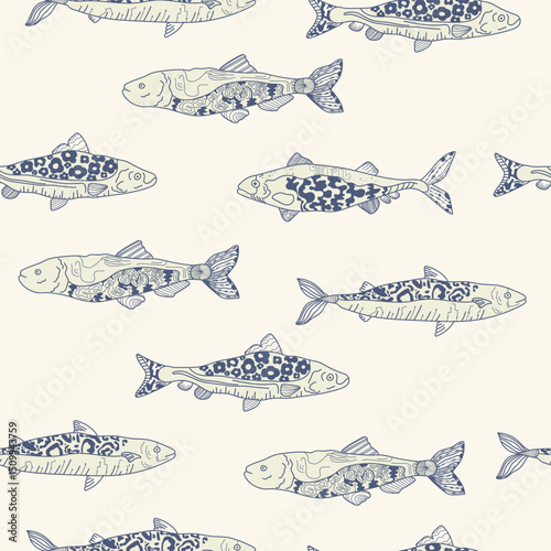 Seamless pattern with fish blue line, white baskgroud. Vector illustration.