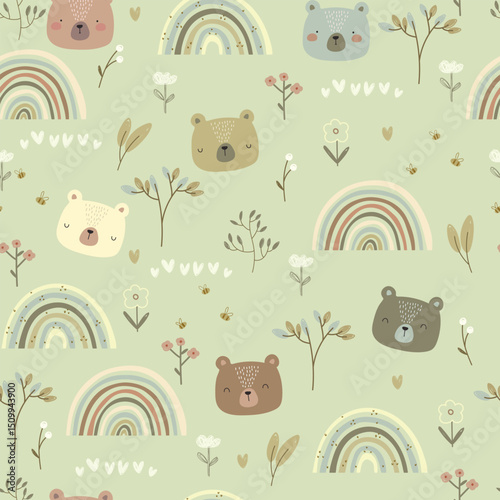 Vector illustration with hand drawn bears, rainbows and plants. seamless pattern with animals, flowers, hearts, leaves and rainbows. 