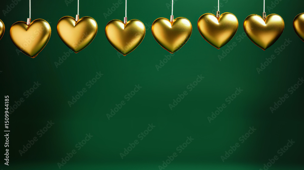 Gold hearts appear on a dark green background. Valentine's Day background with green royal valentines. Love, wedding, romantic concept Gold hearts appear on a dark green background. Valentine's Day background with green royal valentines. Love, wedding, romantic concept
