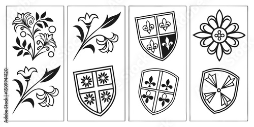 Floral and heraldic crest designs in black and white