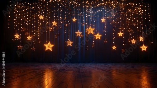 A school talent show stage decorated with stars and string lights