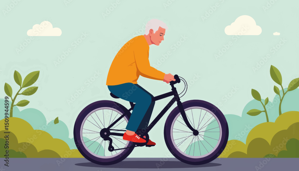Obraz premium Elderly man biking through tranquil landscape, joy of movement