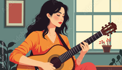 Female musician playing guitar in cozy room, creative expression