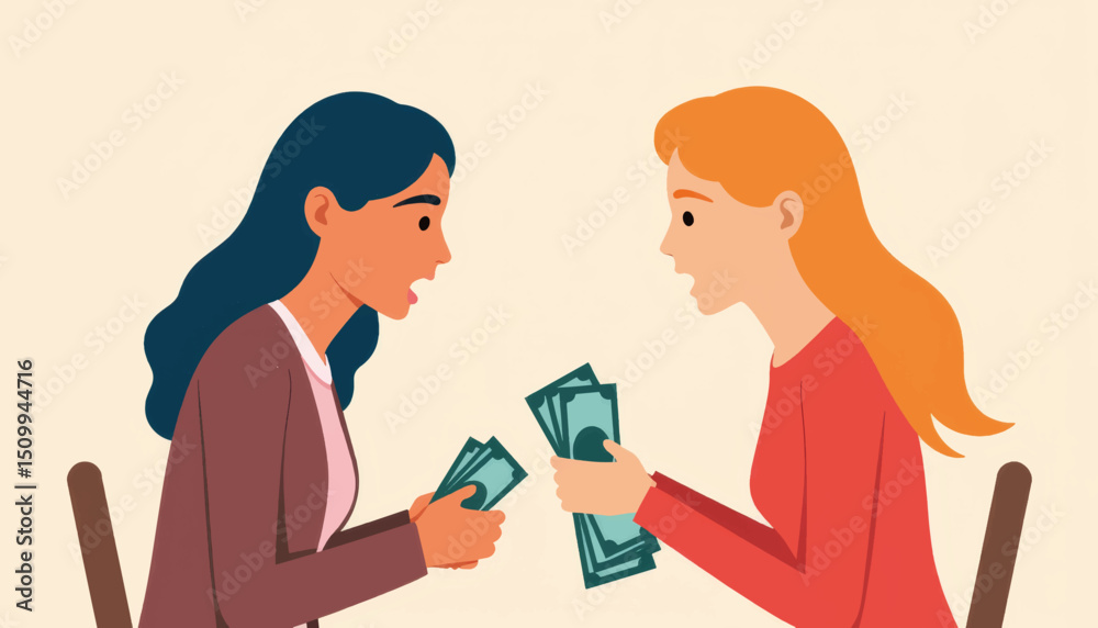 Couple arguing over finances with money in hand, financial stress Couple arguing over finances with money in hand, financial stress