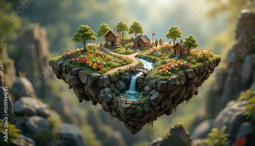 Fantasy Floating Island Diorama with Miniature Village, Flower Fields, and Waterfall