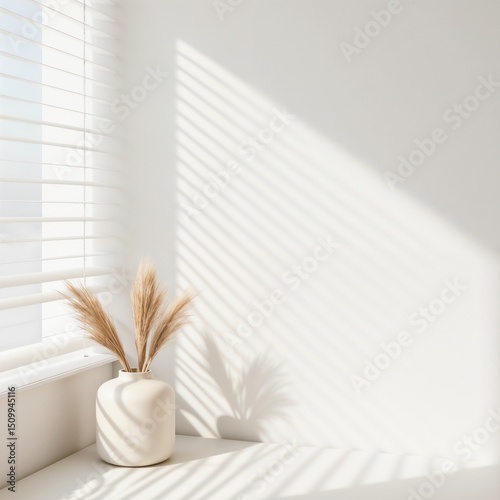 Minimalist vase with dried grass in a softly lit room with shadows from the blinds, dust-covered blinds on window