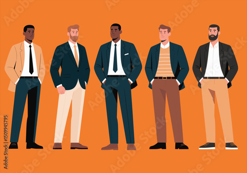 Diverse Businessmen Wearing Formal and Casual Suits Standing Flat Vector Illustration