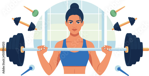Strong female athlete lifting heavy barbell weights in gym workout session demonstrating fitness, strength training, powerlifting, muscle building, and healthy active lifestyle motivation, vector.