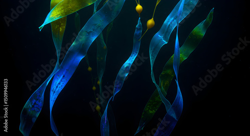 Underwater Dance Of Algae In Blue And Green Hues Against Dark Abyss
