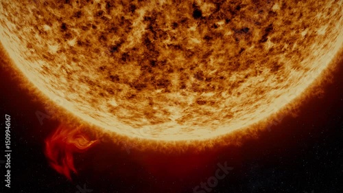 Intense solar flare bursts from the sun’s fiery surface, unleashing a breathtaking torrent of coronal particles that cascade into the vast cosmic expanse photo