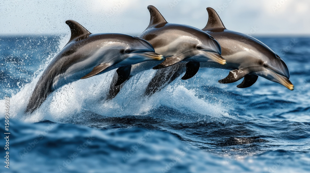 Fototapeta premium Aquatic Acrobats: A trio of dolphins leaps gracefully from the ocean, showcasing their agility and joy in a stunning display of marine life.