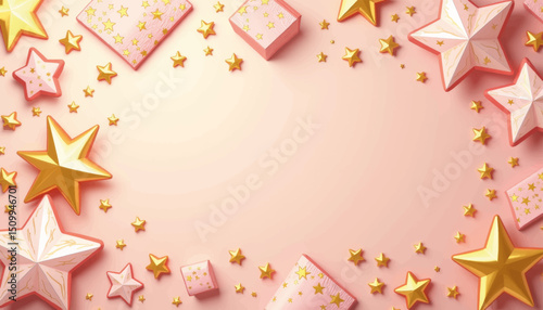 Golden stars on pink party napkins with gifts, festive celebration