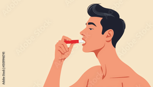 Man applying lip balm in casual setting, self-care routine