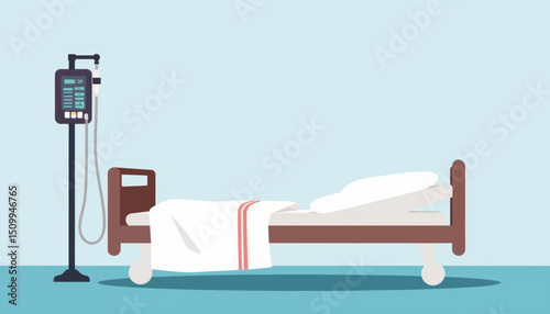 Hospital bed with infusion pump in minimalist setting, healthcare symbolism