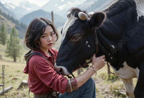 Woman is petting a cow in a field