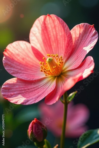 A delicate pink blossom bathed in the warm glow of sunlight, showcasing intricate details of its petals and vibrant yellow stamen, a testament to nature's artistry
