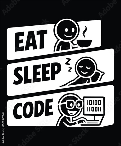 Eat Sleep Code – Funny Programmer Quote Typography Design with Coding Icons