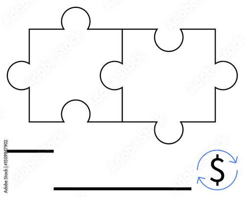 Two interlocking puzzle pieces and a dollar sign with rotation arrows highlight financial collaboration, efficiency, partnerships, strategy, problem-solving, system integration, teamwork. Flat simple